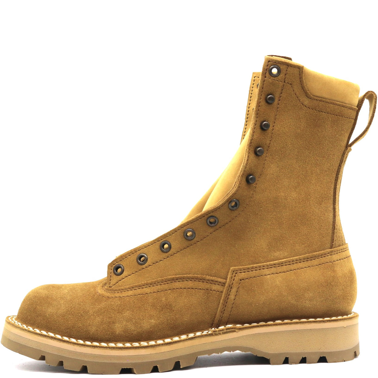 A single tan suede lace-up boot with dark metal eyelets, a thick beige sole, and a pull tab, shown from a side profile on a white background.