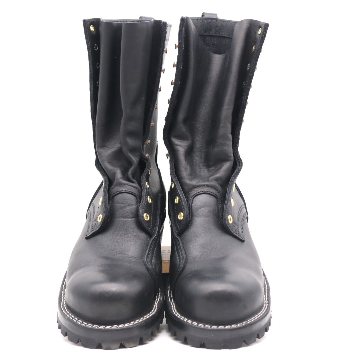 Pair of tall black leather boots shown from the front from a slightly raised angle against a white background.