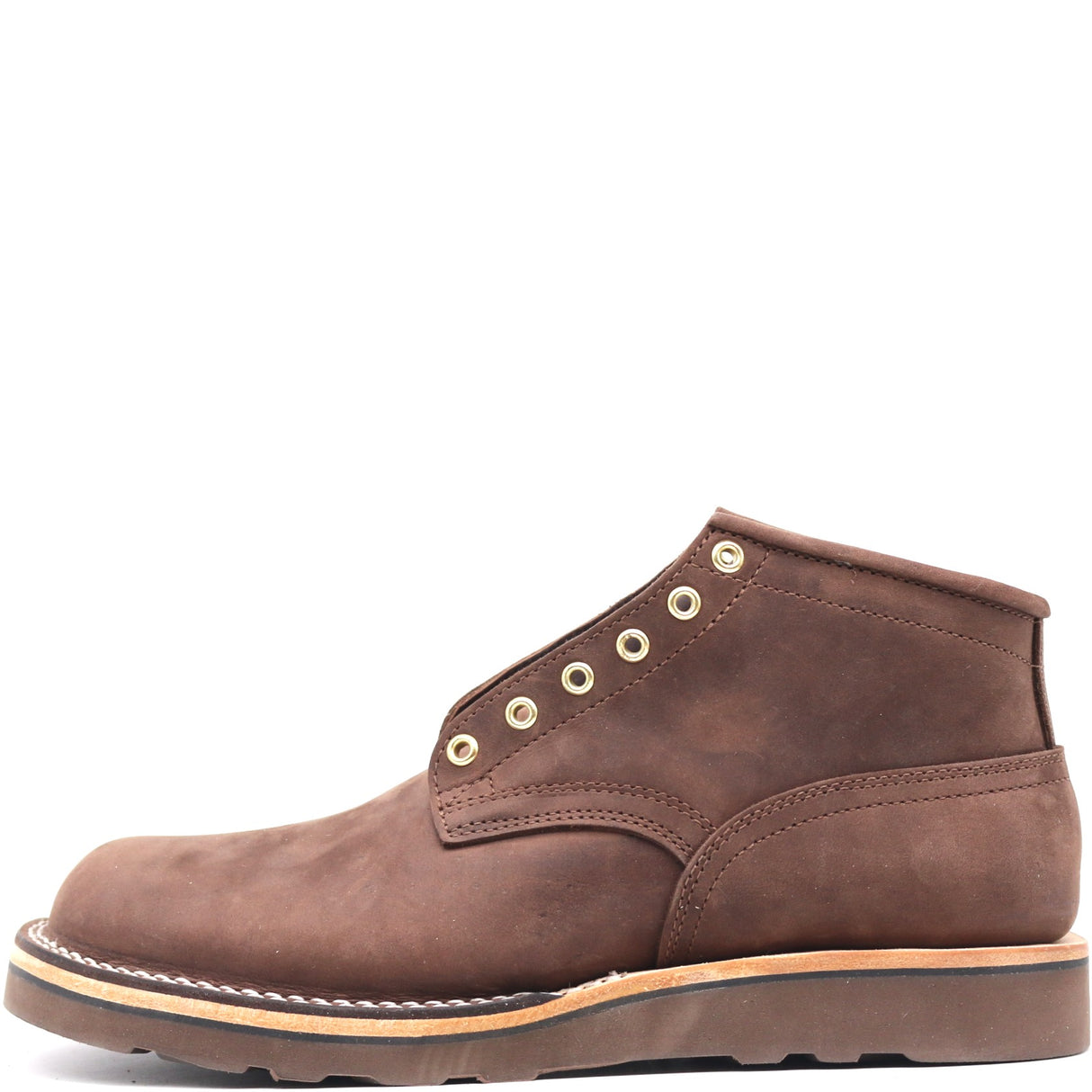 A brown suede lace-up ankle boot with gold-tone metal eyelets, a tan welt, and a dark brown sole, shown from a side profile on a white background.