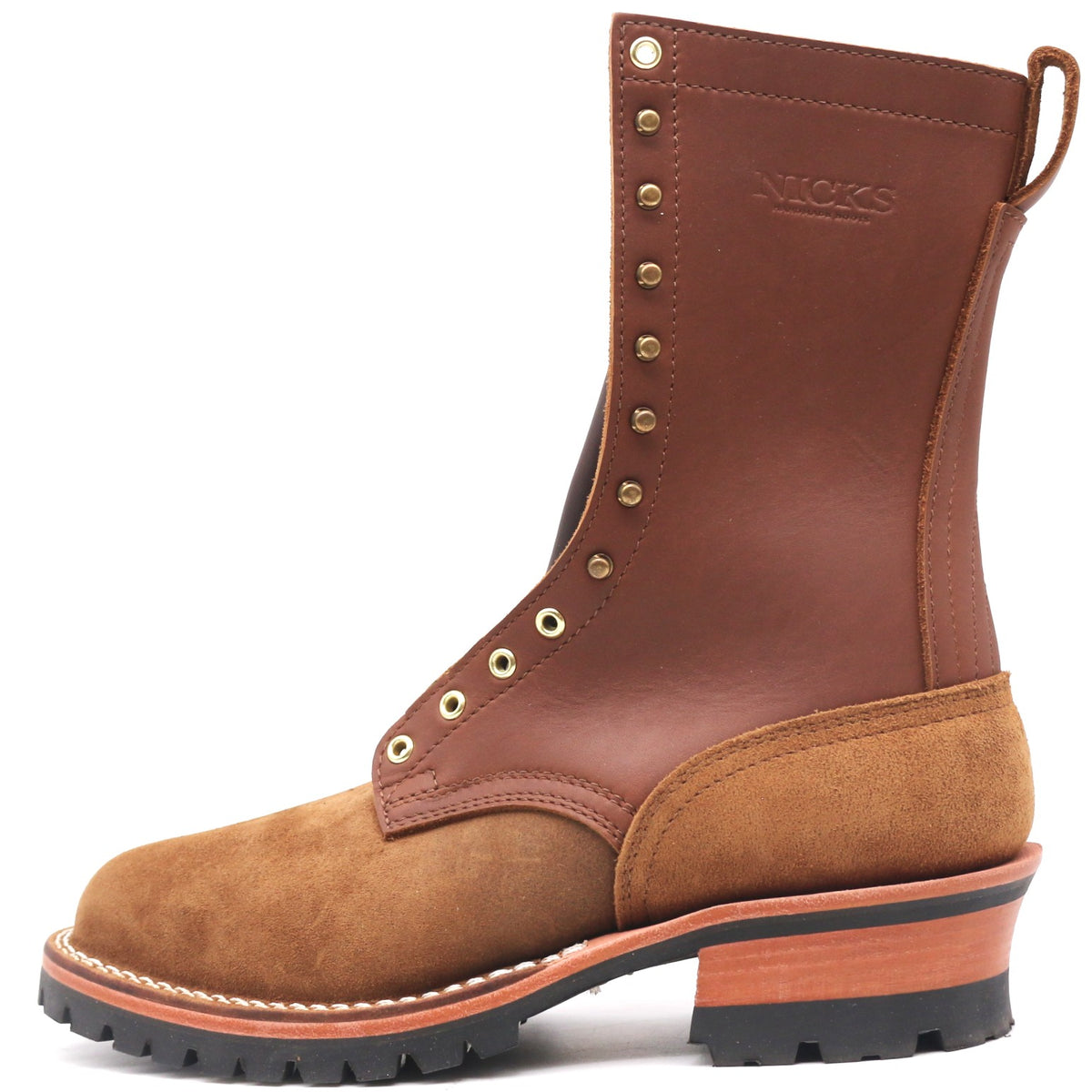 Tall brown leather work boot with brass hardware and lug outsole in front of a white background.