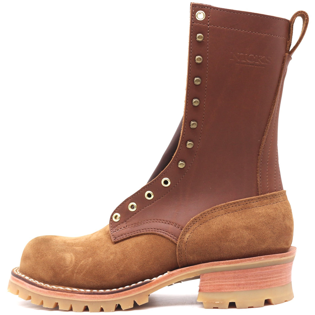 Tall brown leather work boot with honey lug outsole, brass hardware, and rear pull loop in front of a white background.