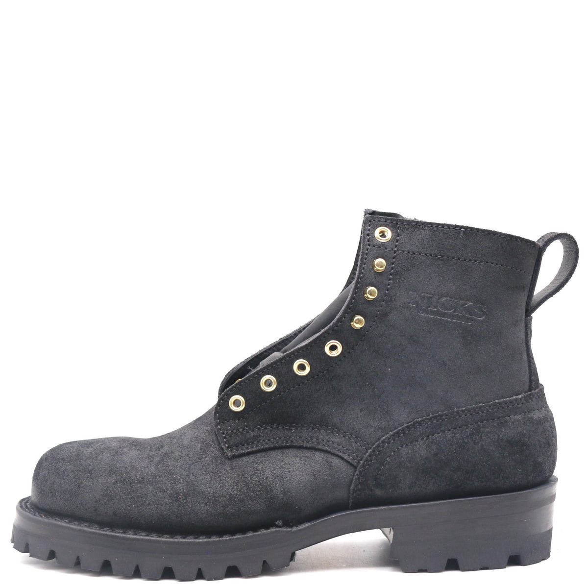 A single black suede ankle boot with gold-tone metal eyelets and studs, a pull tab, and a rugged lug sole, shown against a plain white background.