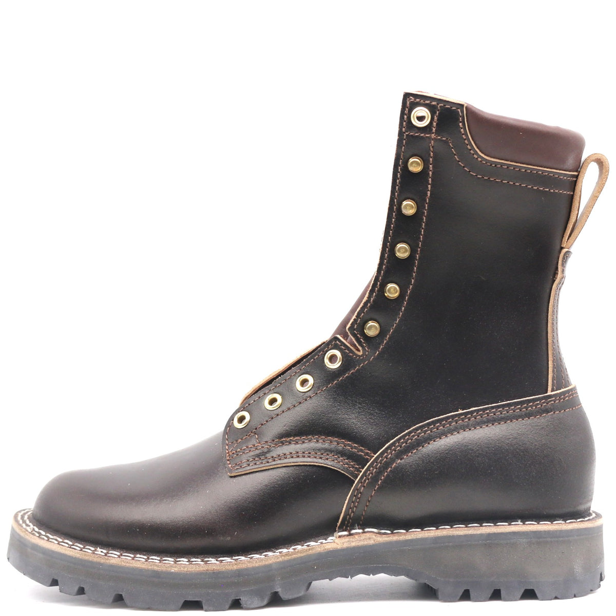 A dark brown leather lace-up boot with light tan contrast stitching, brass eyelets, and a rugged sole, shown from a side profile on a white background.
