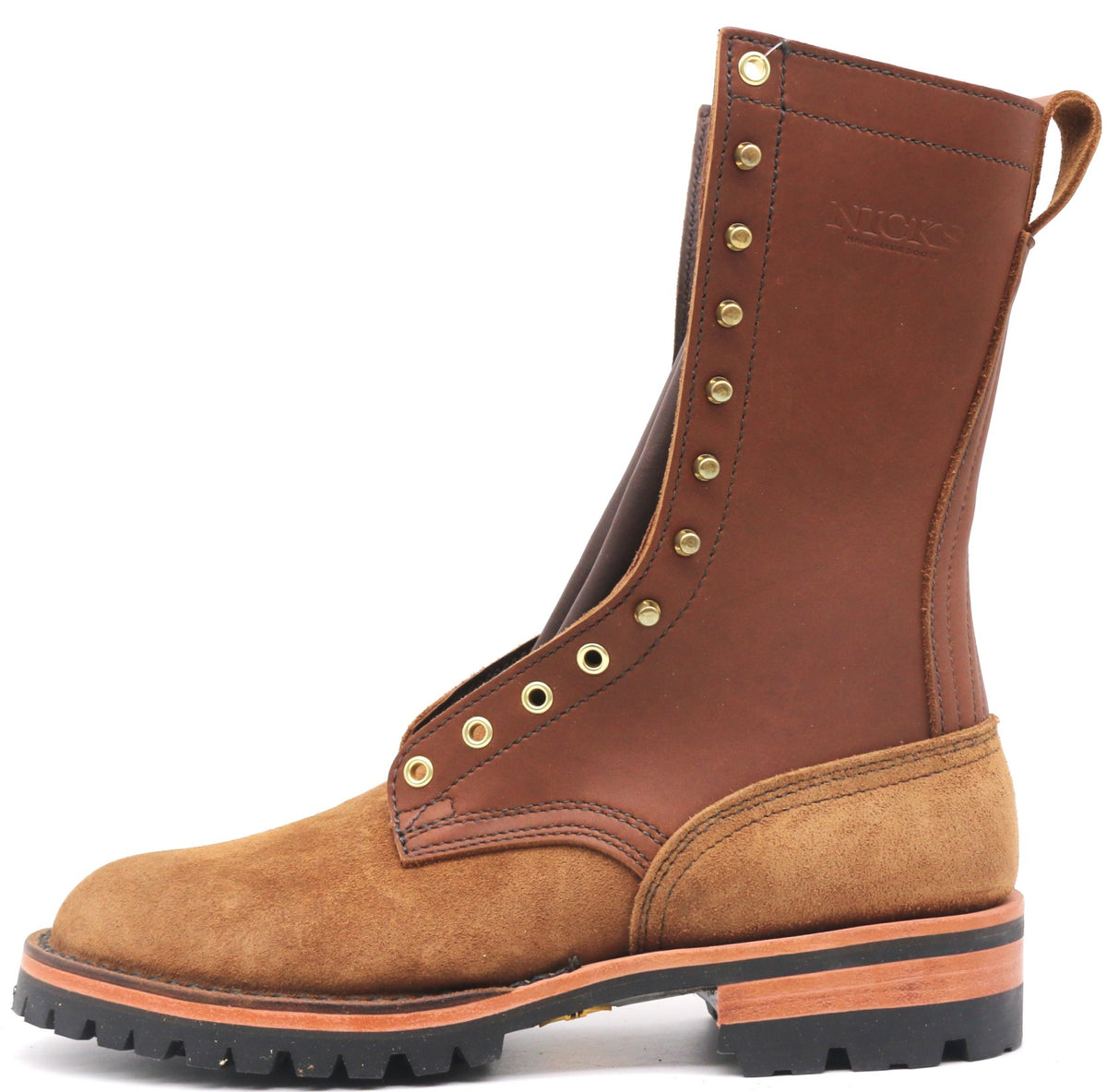A brown leather and suede work boot with brass eyelets and a black lug sole, shown from a side profile on a white background.