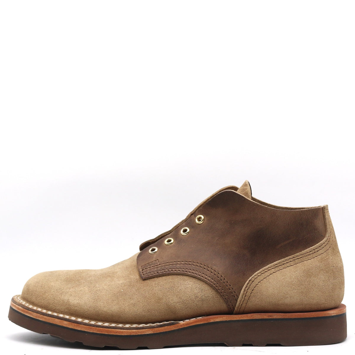 A single men's lace-up ankle boot in tan suede and dark brown leather, shown from a side profile against a plain white background.