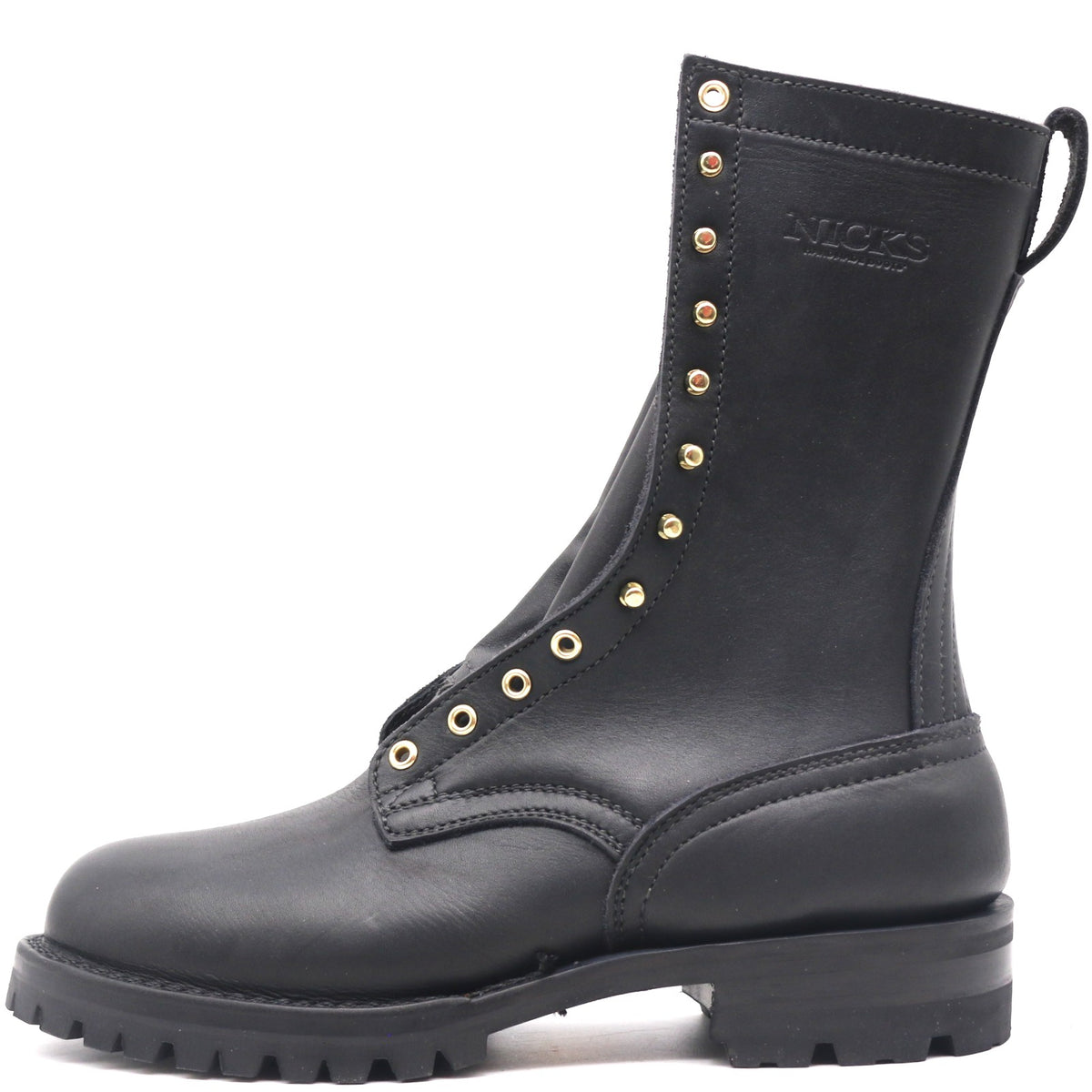 A black leather lace-up boot with gold-tone metal eyelets and studs, featuring a pull tab and the brand name 'NICKS' embossed on the side, shown against a plain white background.