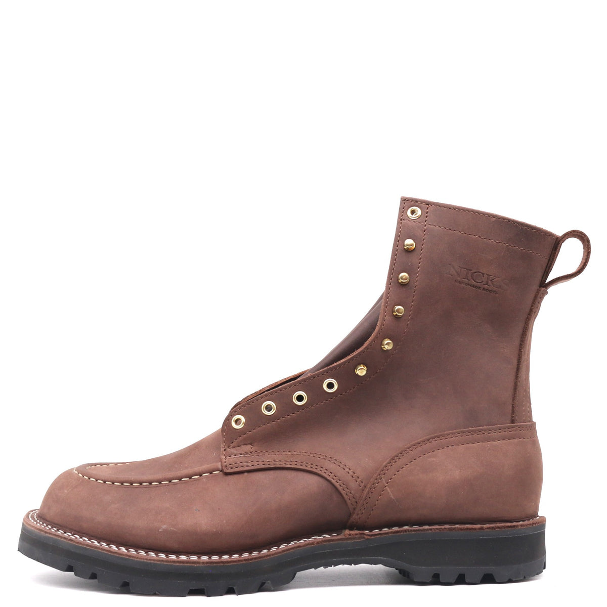 A brown leather lace-up ankle boot with brass eyelets, decorative studs, and a black rubber sole, shown from a side profile on a white background.
