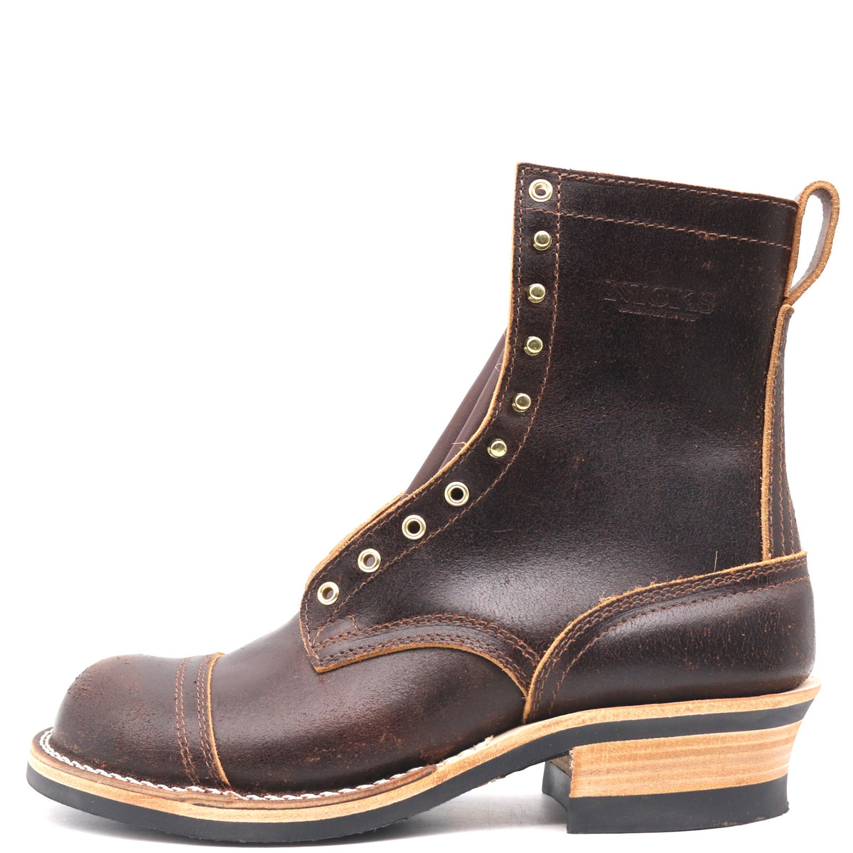 A dark brown leather lace-up ankle boot with brass eyelets, a stacked wood-look heel, and a black rubber sole, shown from a side profile on a white background.