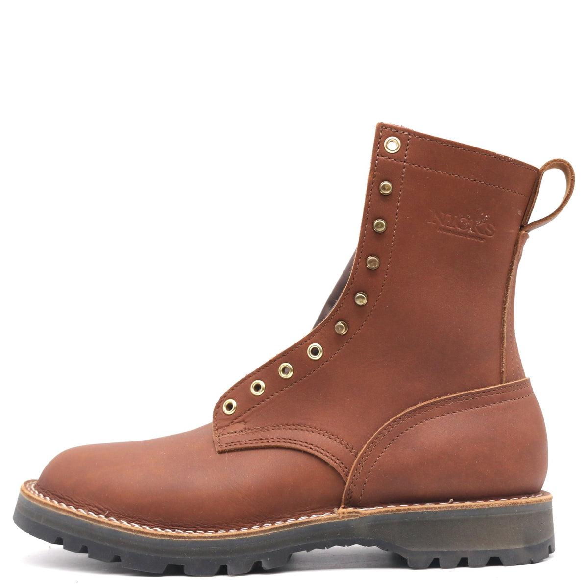 A brown leather lace-up work boot with brass eyelets, a pull tab, and a black rubber sole, shown from a side profile on a white background.