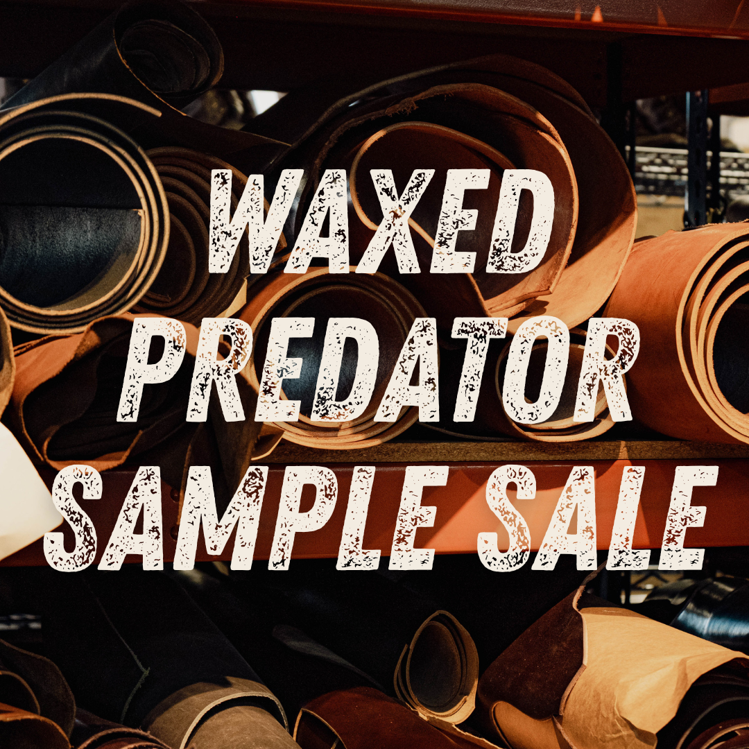 A promotional graphic with large distressed white text reading 'WAXED PREDATOR SAMPLE SALE' overlaid on a background of stacked rolled material samples in dark and tan shades.
