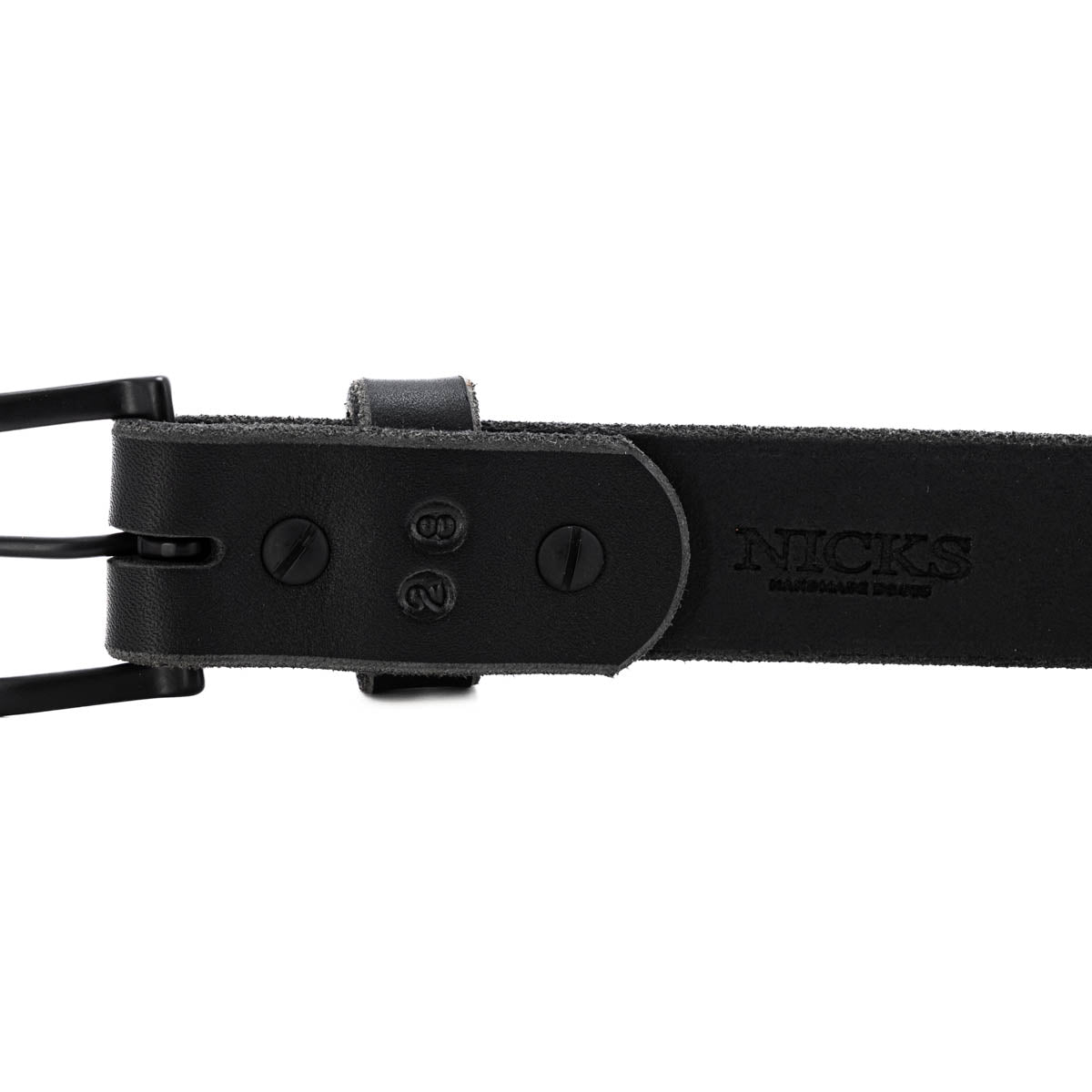 Nicks blackout belt with gunmetal hardware and black work leather