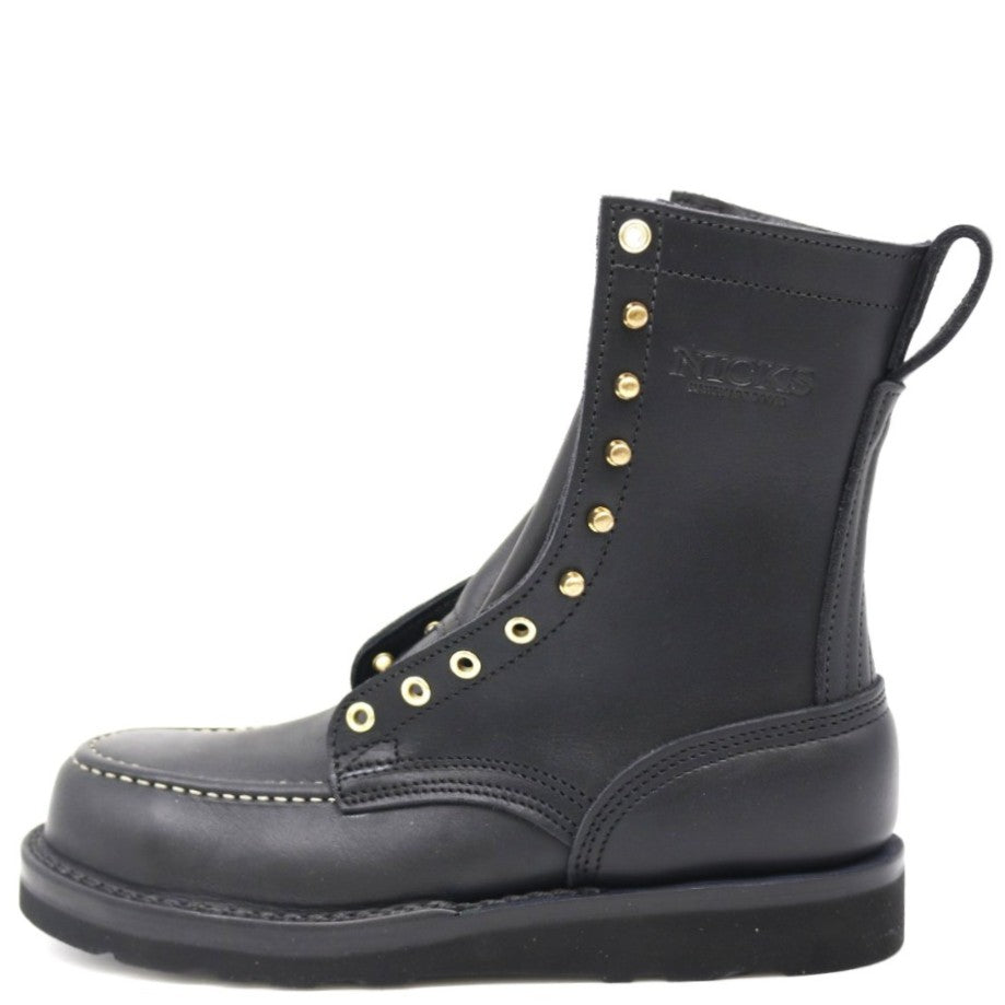 A black leather lace-up ankle boot with gold-tone metal eyelets and studs, featuring a pull tab on the heel, shown against a plain white background.