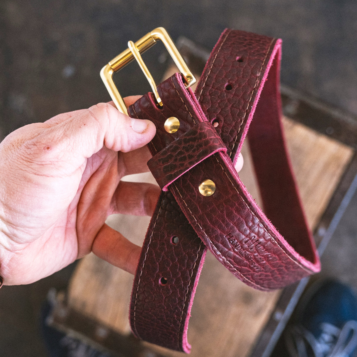 In Stock - American Bison Heritage Belt / Oxblood Smooth Bison 1.5” / Waist Size 32 (Belt Size 36)