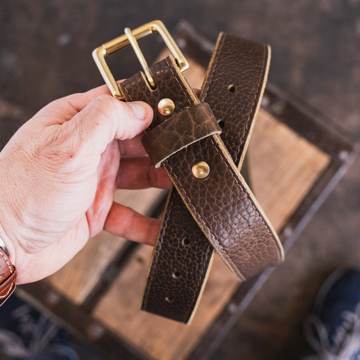 In Stock - American Bison Heritage Belt / Olive Smooth Bison 1.5” / Waist Size 40 (Belt Size 44)