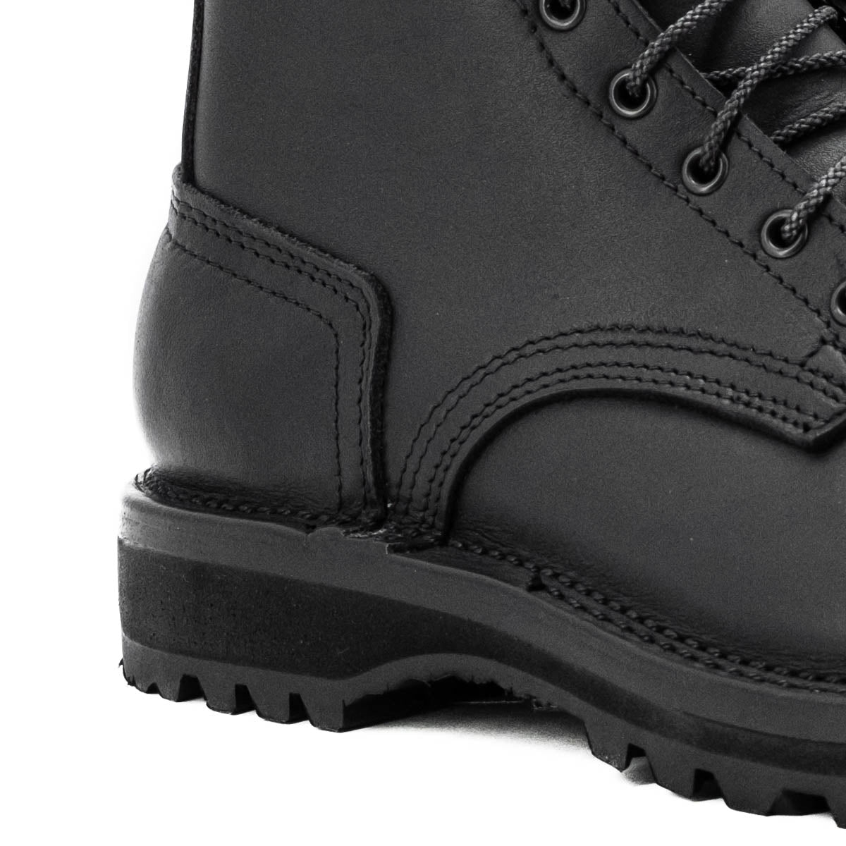 Close up of heel counter on black tactical boot