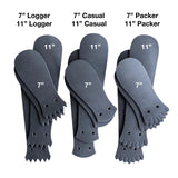 Black leather Kilties on a white background with copy describing what kind they are. 7" Logger, 7" Casual, and 7" Packer. 11" Logger, 11" Casual, and 11" Packer. 