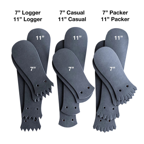 Black leather Kilties on a white background with copy describing what kind they are. 7" Logger, 7" Casual, and 7" Packer. 11" Logger, 11" Casual, and 11" Packer. 