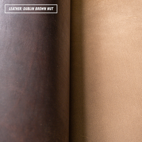 Two rolls of textured leather side-by-side, labeled 'LEATHER: DUBLIN BROWN NUT' in the top left. The left roll is a very dark brown, and the right roll is a lighter warm tan-brown.