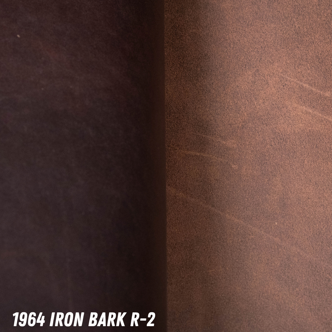 Brown leather rolled out showing smooth side on left and roughout side on right. Bottom left reads '1964 IRON BARK R-2'.