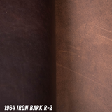 Brown leather rolled out showing smooth side on left and roughout side on right. Bottom left reads '1964 IRON BARK R-2'.