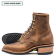 A brown distressed leather lace-up ankle boot with a stacked wood-look heel, black sole, and gold-tone eyelets. A second boot is shown from the tread side in the background. Top left reads 'LEATHER: PREDATOR ORANGE'