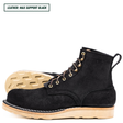 Short black boots, one sitting side profile while the other is laying down showing the outsole. Top left reads "LEATHER: MAX SUPPORT BLACK."