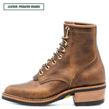 A brown distressed leather lace-up ankle boot with gold-tone eyelets and a stacked wood-look heel, shown on a white background with a text label reading 'LEATHER: PREDATOR ORANGE'.
