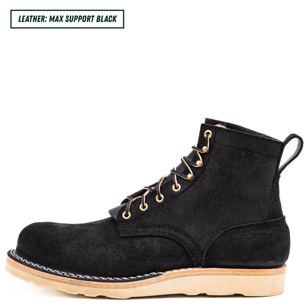 Short black boot sitting showing the side profile. Top left reads "LEATHER: MAX SUPPORT BLACK."
