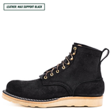 Short black boot sitting showing the side profile. Top left reads "LEATHER: MAX SUPPORT BLACK."