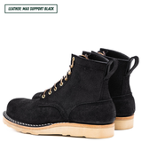Short black boots sitting together facing back left. Top left reads "LEATHER: MAX SUPPORT BLACK."
