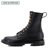 A pair of black leather lace-up combat boots with gold-tone eyelets and a rugged sole, shown on a white background with a text label in the top left corner.