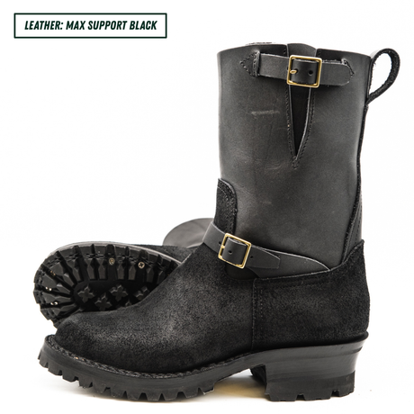 A pair of black leather mid-calf boots with buckle straps, shown on a white background with a text label in the top left corner.