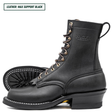 A black leather lace-up boot shown in side profile on a white background, with a second boot placed behind it to show the sole. The brand name 'NICKS' is embossed on the side, and a text label in the top-left corner reads 'LEATHER: MAX SUPPORT BLACK'.