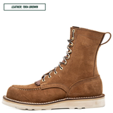 A single brown suede lace-up boot shown in side profile on a white background, with a text label in the top-left corner reading 'LEATHER: 1964 BROWN'.