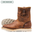 A brown leather ankle boot shown in side profile on a white background, with a second boot turned to show the treaded outsole behind it. Text in the top left reads 'LEATHER: PREDATOR ORANGE'.