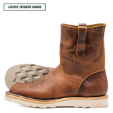 A brown leather ankle boot shown in side profile on a white background, with a second boot turned to show the treaded outsole behind it. Text in the top left reads 'LEATHER: PREDATOR ORANGE'.
