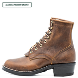 A single brown leather lace-up ankle boot shown in side profile on a white background, with a text label in the top-left corner reading 'LEATHER: PREDATOR ORANGE'. The boot has a distressed brown leather upper, tan laces, brass eyelets, and a black stacked heel and sole.
