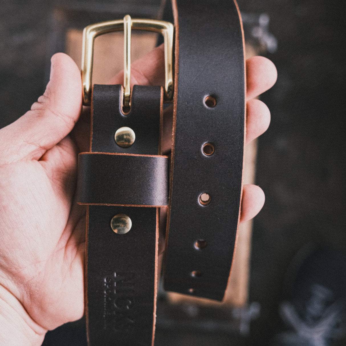 In-Stock Fired Oak Belt / Black Overdyed 1.5” / Waist Size 34(Belt Size 38)