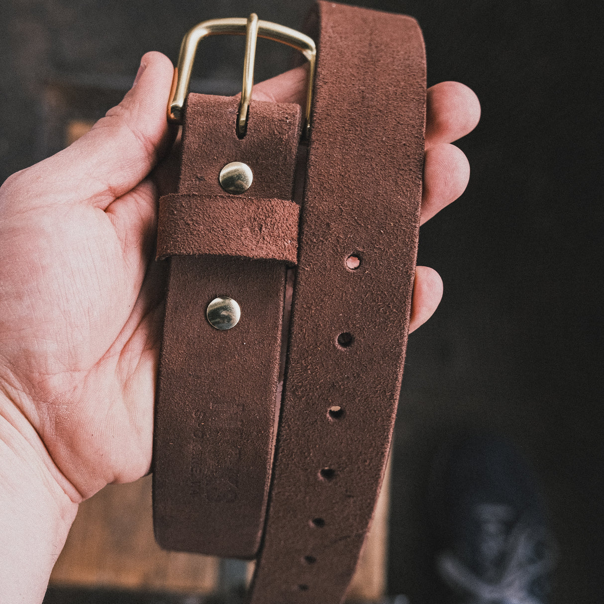 In-Stock Classic Work Belt / 1964 Roughout Mahogany 1.5” / Waist Size 34(Belt Size 38)