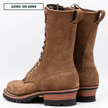 A pair of tall brown suede lace-up boots shown on a white background, with a text label in the top-left corner reading 'LEATHER: 1964 BROWN'.
