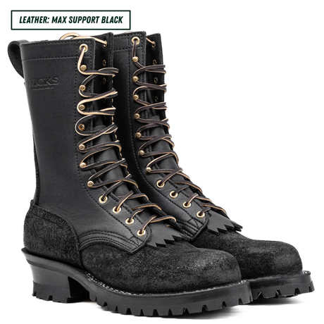 A pair of black leather lace-up boots with gold-toned metal eyelets and laces, shown on a white background with a text label in the top left corner.