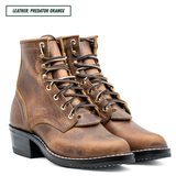 A pair of distressed brown leather lace-up ankle boots with black soles and laces, shown on a white background with a text label reading 'LEATHER: PREDATOR ORANGE'.