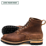A pair of brown leather lace-up boots shown on a white background, with one boot standing upright and the other lying on its side to display the sole. A text label in the top left reads 'LEATHER: PREDATOR WHISKEY'.