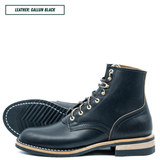 A pair of dark navy leather lace-up boots shown on a white background, with one boot standing upright and the other lying on its side to display the sole. A text label in the top left reads 'LEATHER: GALLUN BLACK'.