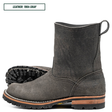 A dark gray suede ankle boot shown in side profile with a second boot placed behind it to show the sole. A text label in the top left reads 'LEATHER: 1964 GRAY'.