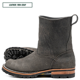 A dark gray suede ankle boot shown in side profile with a second boot placed behind it to show the sole. A text label in the top left reads 'LEATHER: 1964 GRAY'.