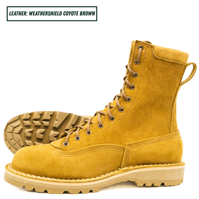 Lace to toe tactical boots. One sitting side profile and the other laying down showing the outsole. Text on top left reads "LEATHER: WEATHERSHIELD COYOTE BROWN."