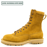 A single lace-up work boot in a warm coyote brown suede-like leather, shown in side profile on a white background. A text label in the top-left corner reads 'LEATHER: WEATHERSHIELD COYOTE BROWN'.