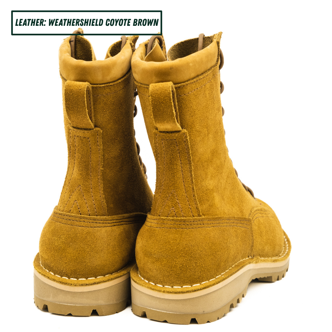 Lace to toe tactical boots. Both sitting together facing back. Text on top left reads "LEATHER: WEATHERSHIELD COYOTE BROWN."