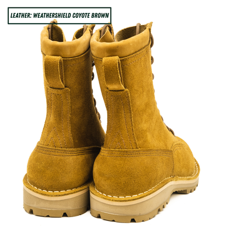 Lace to toe tactical boots. Both sitting together facing back. Text on top left reads "LEATHER: WEATHERSHIELD COYOTE BROWN."